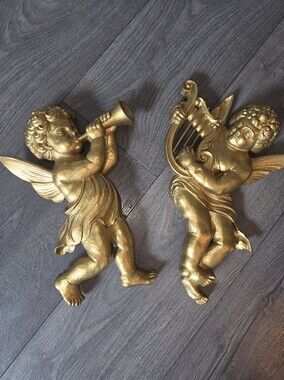 LARGE Vintage MCM Gold Musical Cherub Angels